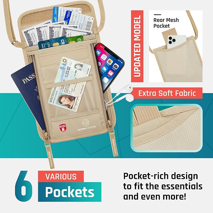 Alpha Keeper Neck Wallet, Travel Pouch For Passport Holder And Documents, RFID Blocking, Beige, Unisex Adult, Travelers, Adults