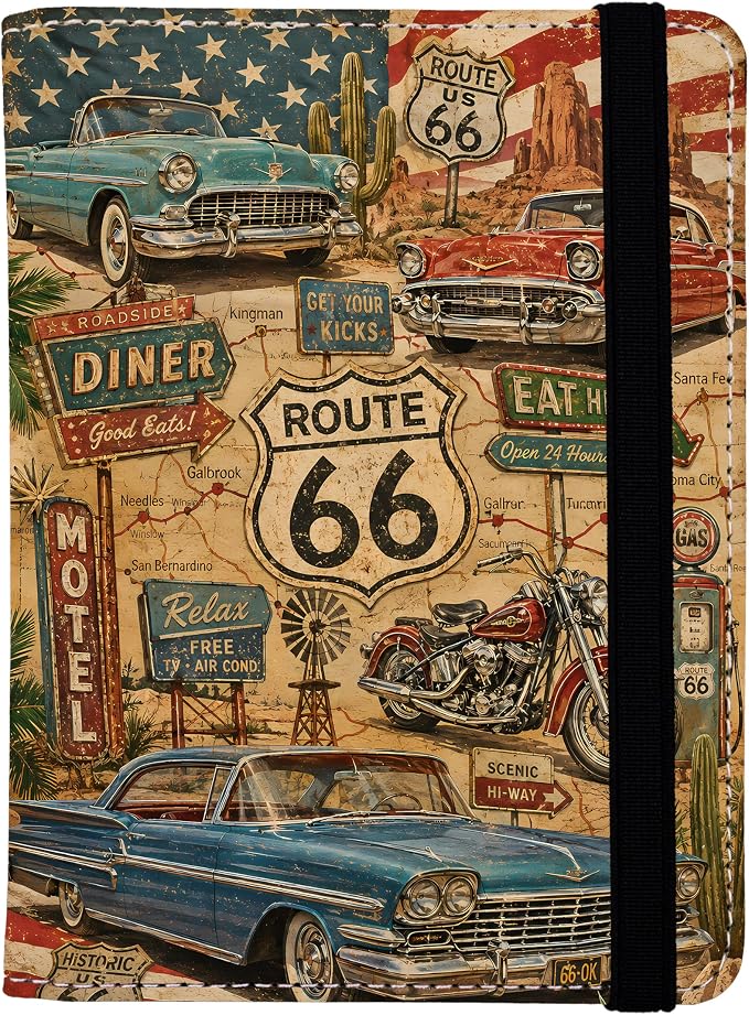 Passport Holder for Women and Men PU Leather Passport Cover for Travel (American Vintage Route 66)