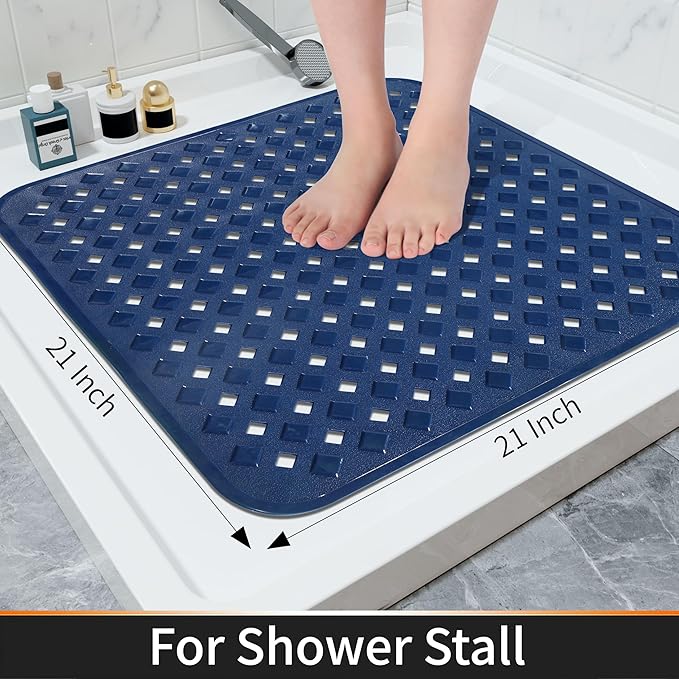 Yimobra Square Shower Mat Non Slip, Super Strong Suction Cups, 21"x21" Bath Tub Mat with Drain Holes, Machine Washable Fast Draining Bath Mats, Bathroom Essentials,Navy Blue
