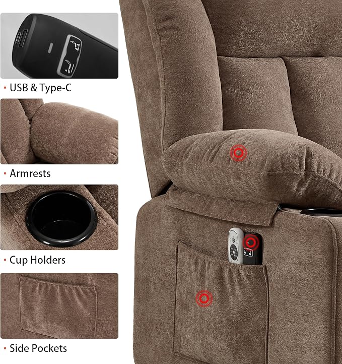 Power Lift Recliner Chair for Elderly with Massage and Heat, Recliner Chairs for Adults, Upgraded Fabric Reclining Sofa Chair with USB & Type-C Ports, L1288 (Coffee Brown)
