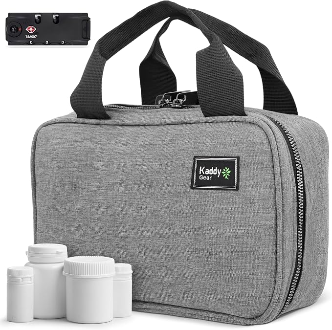 Kaddy Secure Pill Organizer Box, Storage for Bottles of Medicine or Supplements; Toiletry; Travel or Home, TSA Approved Lock(Grey)