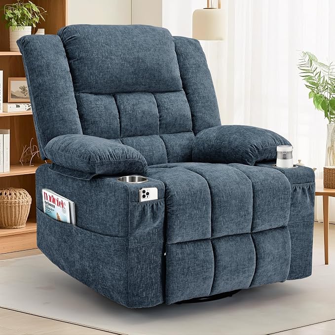Korser 360° Swivel Rocker Recliner for Adult, Nursery Glider Recliners with Massage & Heating, Rocking Chair with Cup Holder, Manual Recliner Chair for Living Room, Bedroom (Blue)