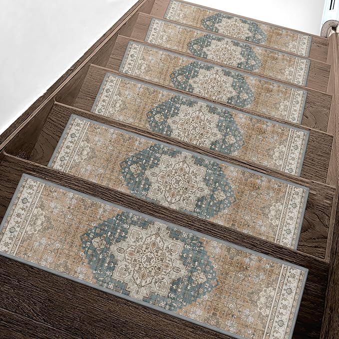 sarben 8"x30" Non Slip Stair Treads for Wooden Steps 15 Pack, Blue Brown | Peel and Stick Carpet Stair Runner with TPE Adhesive Backing, Carpet for Added Safety, Pet and Senior Friendly