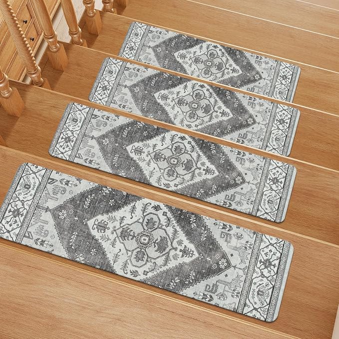OJIA Extra Non-Slip Stair Treads for Wooden Steps Indoor 15PC Stair Runners | 30"X8" Slip Resistant Stair Rugs Safety Mats for Dogs, Kids & Elders, Rubber Backed Stair Treads Stair Covers, Gray