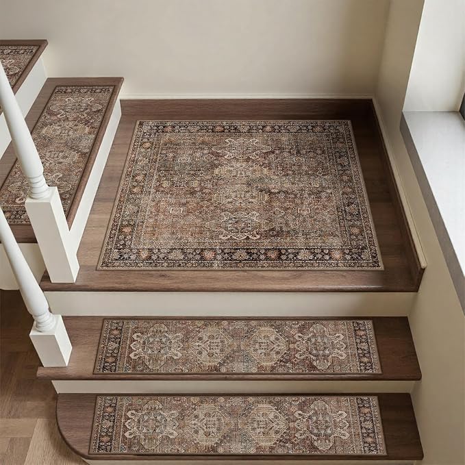 SARBEN 30"x30" Non Slip Stair Treads for Wooden Steps 1 Pack, Sage Brown | Peel and Stick Carpet Stair Runner with TPE Adhesive Backing, Carpet for Added Safety, Pet and Senior Friendly