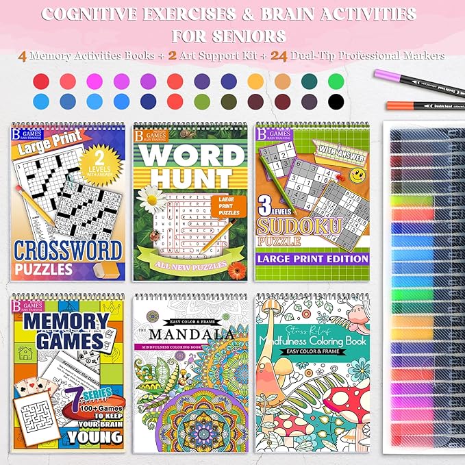 Vashly Large Print 350+ Memory Activities for Seniors: 6-In-1Set Brain Exercise Books with Sudoku, Crossword, Word Hunt & Coloring Books, A4 Spiral Bound, Includes 24 Markers, Gift for Elderly Adults