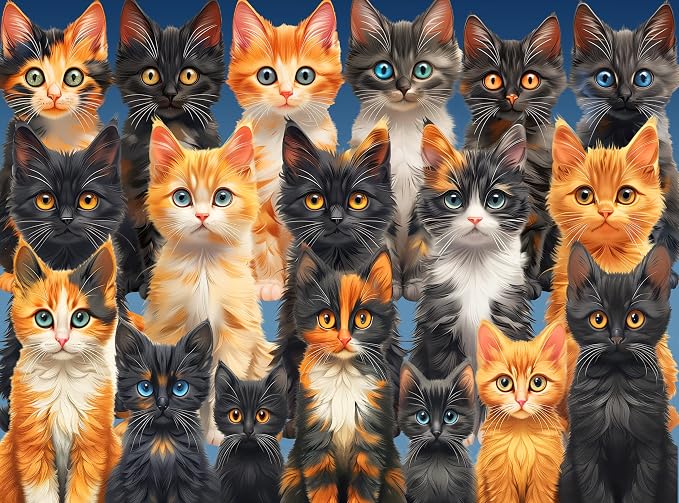 Adult Jigsaw Puzzle Cat Collage 1000 Piece | Colorful cats and kittens collage design, challenging and difficult. Great for game nights on a table, puzzleboard, or floor.