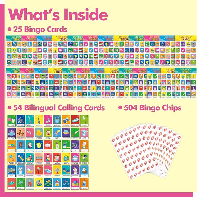 Gethelud Baby Shower Bingo Game, 25 Bilingual Spanish & English Bingo Cards for Gender Reveal Party, Baby Shower, Game Favors, Supplies, Decorations for Adults (25 Players)