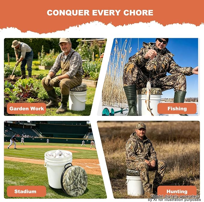 MDSTOP 5 Gallon Bucket Seat with 3" Thick Seat Foam Cushion, Waterproof 360°Swivel Bucket Lid Seat, Silent Bucket Seats for Duck Dove Hunting, Ice Fishing, Baseball, Camping, Gardening