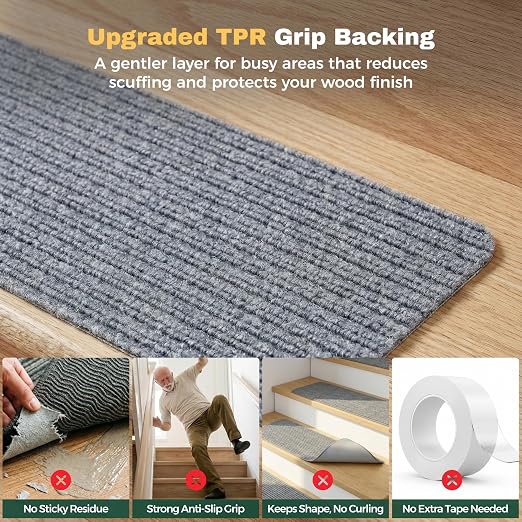 MBIGM Carpet Stair Treads for Wooden Steps, 7 Pack, 8" x 30", Light Gray | Four-layer polyester carpet with PP grid base, nonwoven cushion and TPR adhesive backing adds indoor traction and comfort