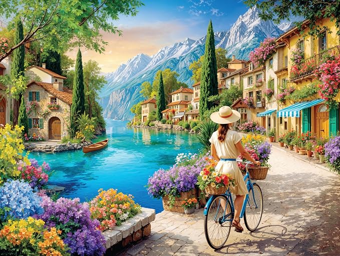 Adult Jigsaw Puzzle 1000 Piece Italian Daydream | Features a woman on a bicycle along the Mediterranean coast in Italy. Finished size is 20x27 inches. Great for game nights.