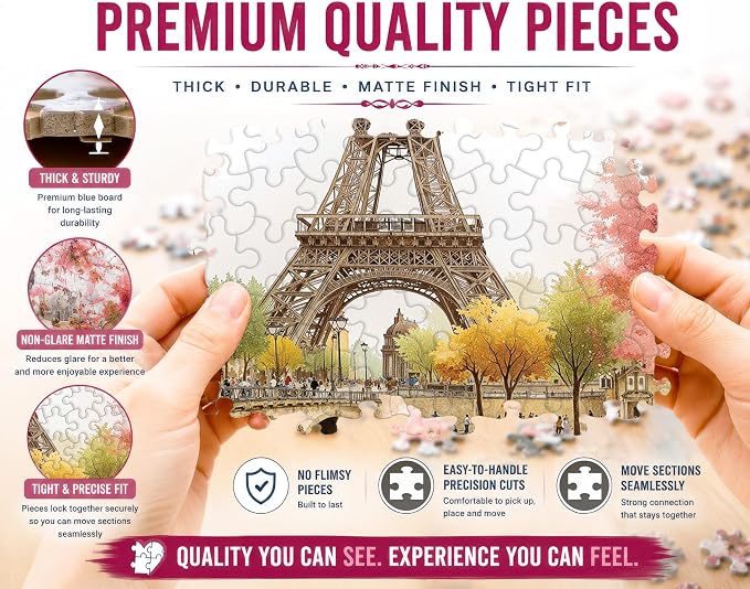 Adult Jigsaw Puzzle 1000 Piece Paris Romance | Features a whimsical Eiffel Tower spring scene. 20x27 inches. Great for game nights on a table, puzzleboard, or floor.