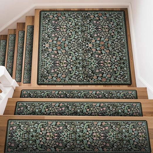 OJIA Floral Stair Treads for Wooden Steps Indoor 31"x31" Landing Mat Black | Non-Slip Stair Runner Carpet Stair Treads Stair Mats Staircase Step Treads for Kids, Elders and Dogs, Stair Covers, Black