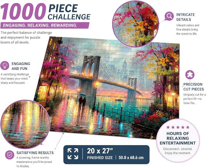 Adult Jigsaw Puzzle 1000 Piece Brooklyn Bridge | Features an artistic New York City cityscape in the rain. 20x27- Great for game nights on a table, puzzleboard, or floor.