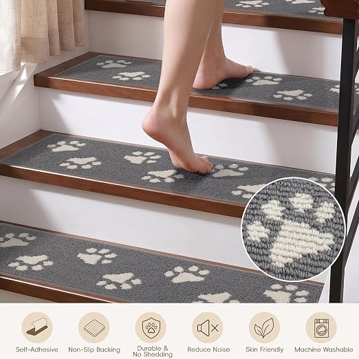 DEXDE Stair Treads for Wooden Steps Non-Slip 15pcs Stair Runner, Grey | Non Slip Backing Carpet Stair Treads Indoor, Soft Washable 30"x8" Stair Rug Self-Adhesive Staircase Rugs for Kids Pets Elders