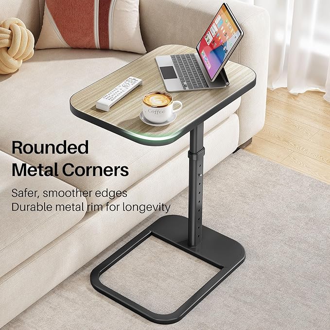Driftwood Grey TV Tray Table, Adjustable Height & Rounded Metal Corners, Snack Table for Couch, Sofa, Bed, Chair, Living Room, C Shaped End Side Table for Eating, Dinner or Laptop, Small Spaces