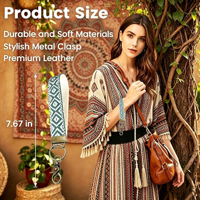 Boho Vintage Embroidered Floral plant Wristlet Keychain for Women | Cute Lanyard&Antique Brass Clasp, Lightweight Hands-Free Key Holder for keys,purses,handbags and daily outdoor use for ladies