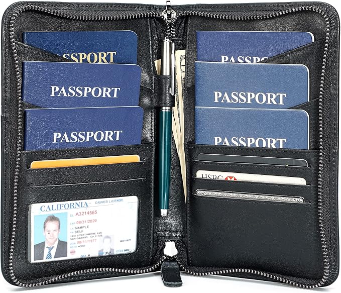 Polare Full Grain Leather Passport Holder Cover Case for Men and Women RFID Blocking Family Travel Wallet Holds 6 Passports (Black)