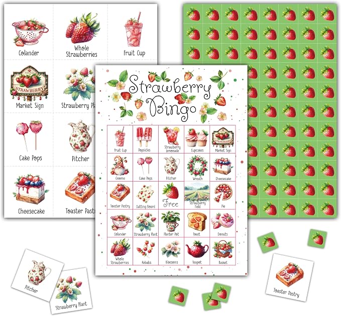 Strawberry Bingo Games - Summer Berry Bingo Card - 24 Players Bingo Game Set for Adult Family Friends - Indoor Outdoor Activities - Fruit Themed Birthday Party Favors Supplies -C07