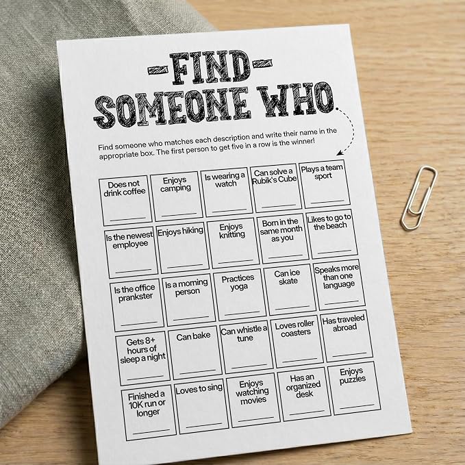 Find Someone Who Bingo Cards, 25 Unique Randomized 5x7 Sheets, Get to Know You Bingo Game for Adults, Ice Breaker Office Party Games, Team Building Games for Work, High Replay Value - A05