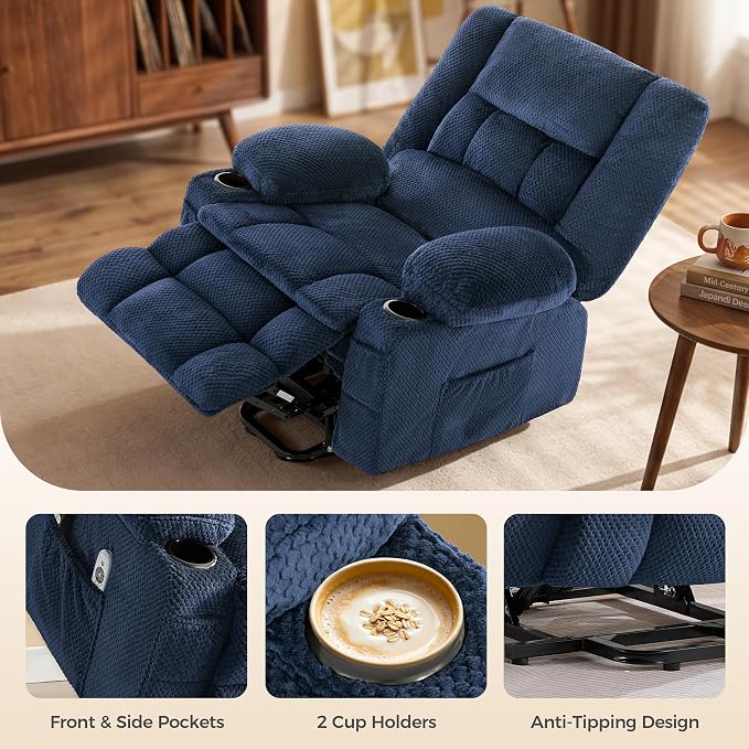 Power Lift Recliner Chair for Elderly, Electric Reclining Lift Chair with Massage and Heating, Comfy Overstuffed Recliner Single Sofa with Cup Holders,Pockets,USB Charge Port for Living Room,NavyBlue
