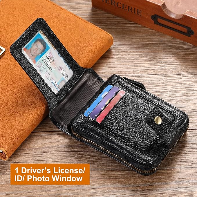 GOIACII Zipper Wallet for Men Genuine Leather RFID Blocking Mens Wallet with Zipper Coin Pocket ID Window Zipper Wallets Large Capacity