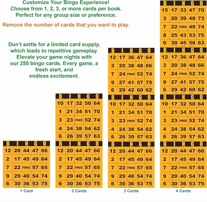 250 Bingo Cards, Large 4.5 x 4.5 Inch, Orange, Paper Bingo Sheets | 8 Color Options, Premium Cardstock, Disposable with Daubers or Reusable with Chips — Proudly Made in USA