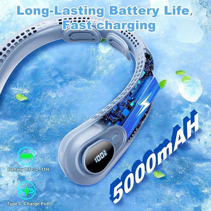 Portable Neck Fan Rechargeable - [with LED Display] 5 Speeds, 5000 mAh Battery Operated Wearable Personal Cooling Bladeless Fan for Outdoor Travel, Gifts for Men Women Kids,Sky Blue