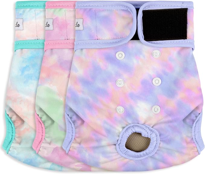 3 Pack Female Dog Diapers - Reusable Diapers for Doggie in Heat - Highly Absorbent Dog Diapers Female for Pet Incontinence with Adjustable Snaps (Tie Dye, XXL)