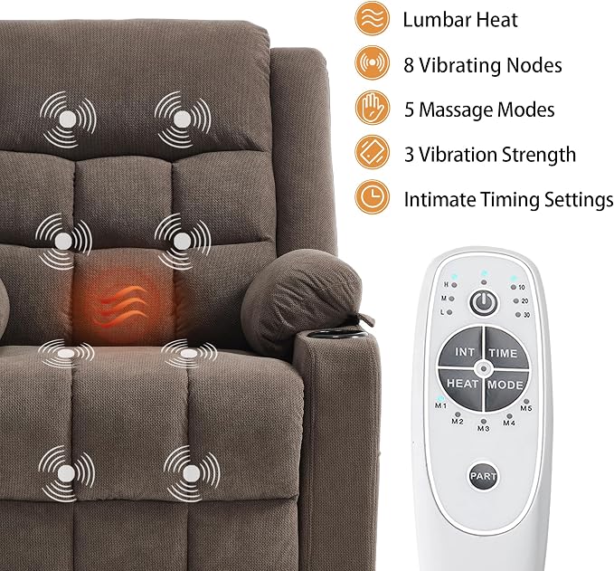 Power Lift Chair Recliners for Elderly with Heat and Massage, Recliner Chairs for Adults, Upgraded Fabric Recliner with USB & Type-C Charge Port, Cup Holders (Brown-O)