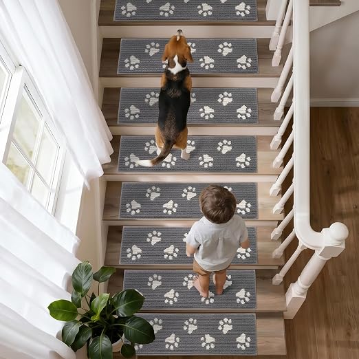 DEXDE Stair Treads for Wooden Steps Non-Slip Stair Runner, 7pcs 30"x8" Grey | Carpet Stair Treads Non Slip Backing Indoor, Soft Washable Stair Runners Self-Adhesive Staircase Rugs for Kids Pets Elders