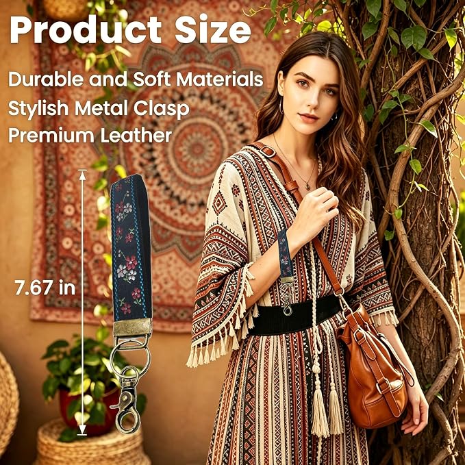 Boho Vintage Embroidered Floral plant Wristlet Keychain for Women | Cute Lanyard&Antique Brass Clasp, Lightweight Hands-Free Key Holder for keys,purses,handbags and daily outdoor use for ladies