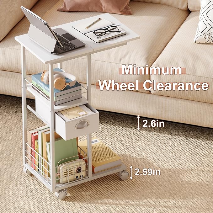Rolling Side Table with Storage Drawer, White Bedside Table with Wheels, TV Tray for Sofa, Portable Desk on Wheels, Modern Night Stand, Overbed Table for Bedroom, C Shaped End Tables Living Room