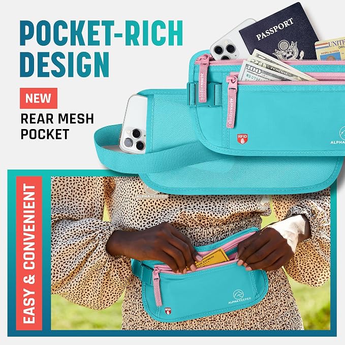 Alpha Keeper Money Belt for Travel Hidden Under Clothes – RFID Blocking Passport Holder & Slim Waist Wallet Pouch for Women & Men, Anti-Theft Travel Accessories
