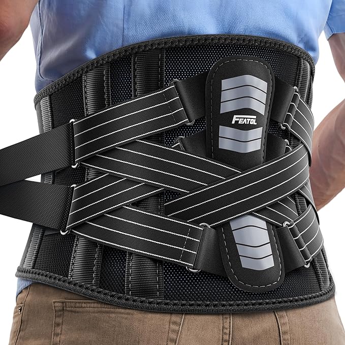 FEATOL Back Brace for Men Lower Back and Women, Removable Dual-Side Spine Lumbar Pad with Snug Fit, Adjustable Support Belt for Work, Gray, Size XL 39-45"