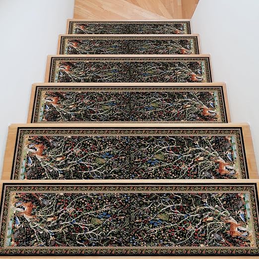 Tree of Life Stair Treads 15 Pack Non Slip Washable Runner | 15PCS Tree of Life Runners Non Slip Washable, Peacocks Deer Rug Carpet 8x30 Inch, Stairs Silicone Backing