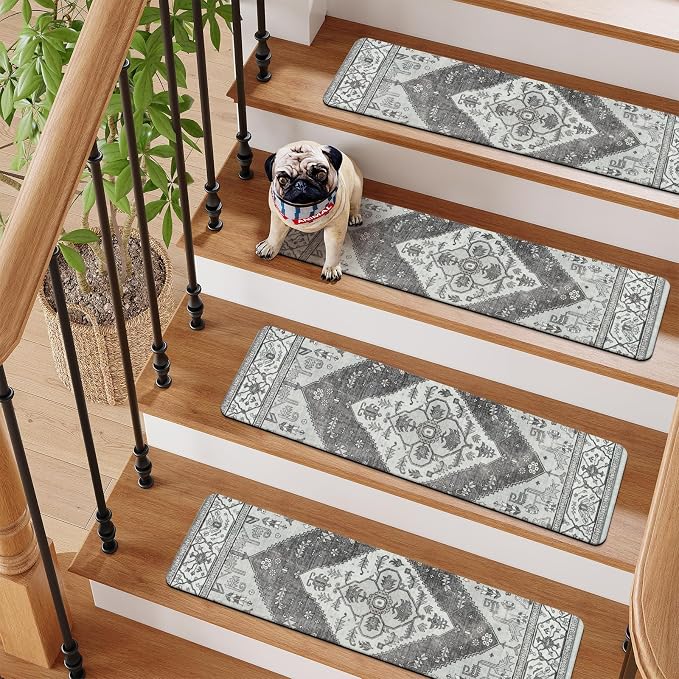 OJIA Extra Non-Slip Stair Treads for Wooden Steps Indoor 15PC Stair Runners | 30"X8" Slip Resistant Stair Rugs Safety Mats for Dogs, Kids & Elders, Rubber Backed Stair Treads Stair Covers, Gray