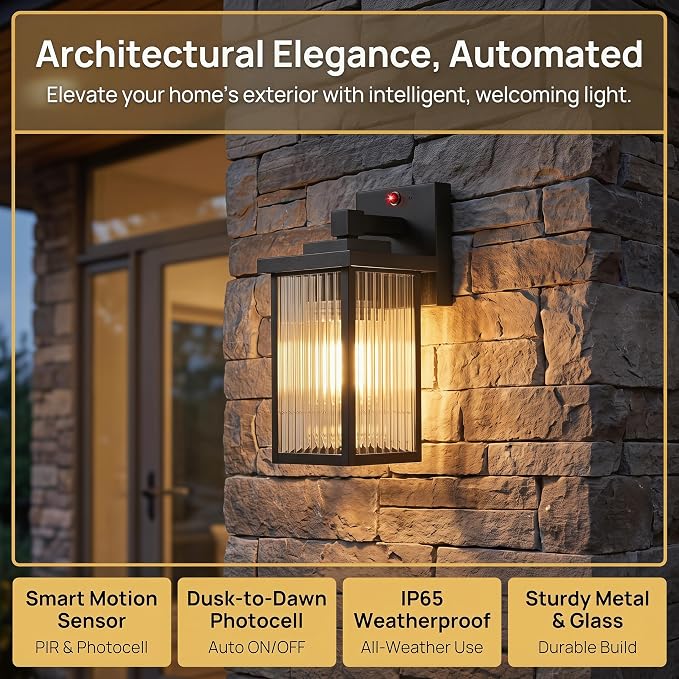 2-Pack Motion Sensor Porch Light, Dusk to Dawn Outdoor Light Black | 2 Modes, 220° Motion Detection, Auto On and Off, Anti-Rust Metal Frame, Pre-Assembled DIY Install on Porch, Garage