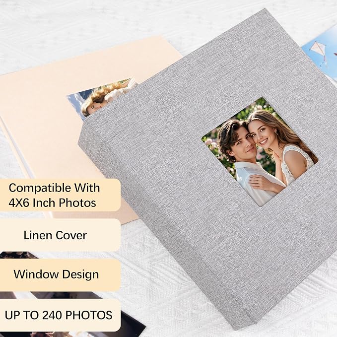 4x6 Photo Album Holds 240 Photos with Writing Space, Linen Cover Picture Book with Front Window for Family Wedding Baby Travel & Graduation Memories, Grey