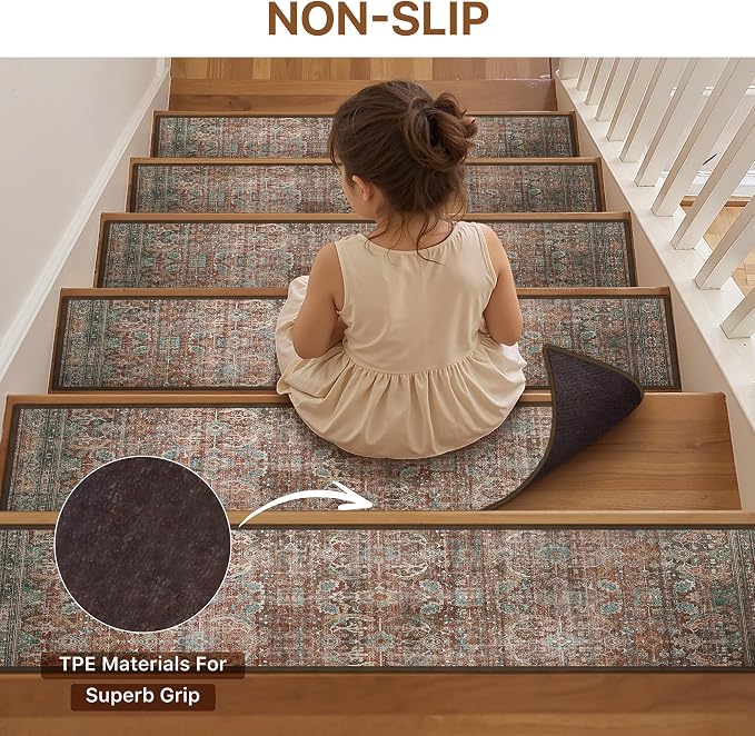 sarben 8"x30" Non Slip Stair Treads for Wooden Steps 15Pk,Light Clay Brown | Peel and Stick Carpet Stair Runner with TPE Adhesive Backing, Carpet for Added Safety, Pet and Senior Friendly