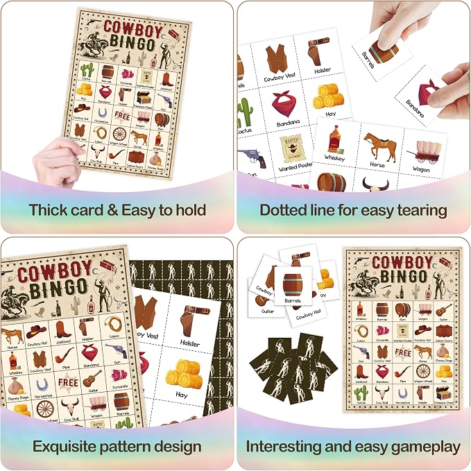 Cowboy Bingo Card Game, Wild West Bingo Set for Adults Family Friends, Western Party Decorations, Cowboy Bingo Kit for Birthday Party, Holiday Games for 24 Players -07
