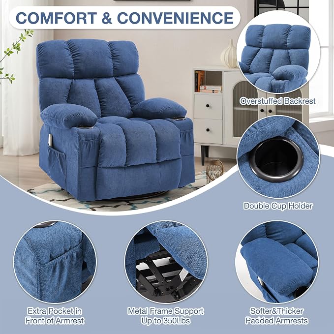 Oversized Massage Swivel Rocker Recliner Chair with Heat and Vibration Rocking Lounge Chair for Living Room Comfy Overstuffed Recliner with 4 Side Pockets,2 Cup Holders, USB Charge Port, Blue