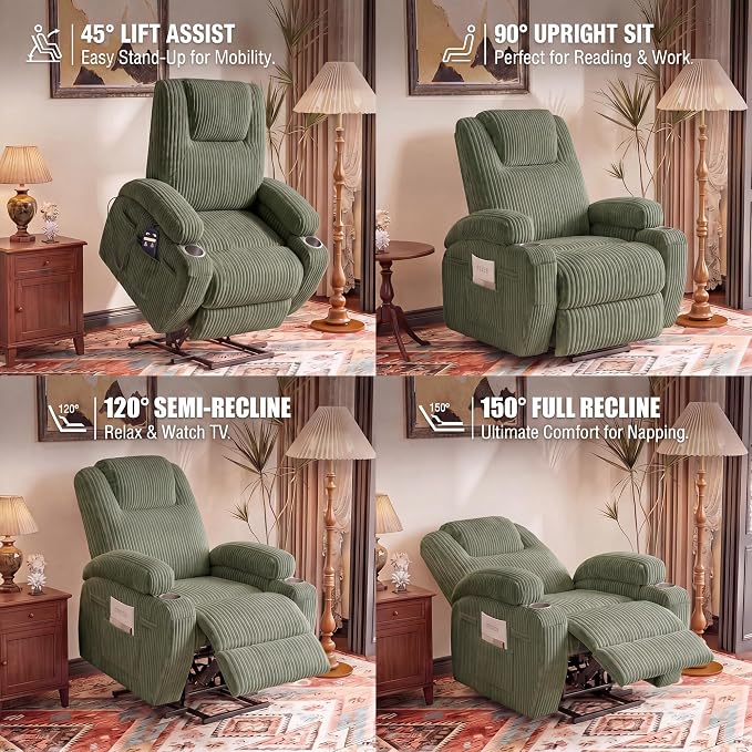 Flamaker Power Lift Recliner Chair Electric Lift Recliner for Elderly | Power Lift Recliner Chair with Cup Holders Side Pockets for Living Room (Corduroy, Green)