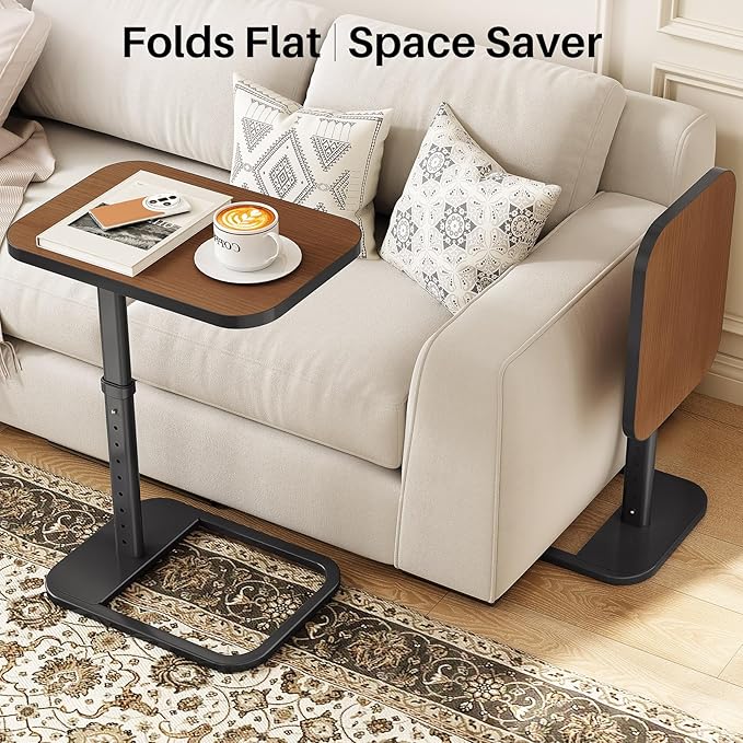 Kitstorack Upgraded TV Tray Table with Panel Lock, 90° Flip-Over Design & Adjustable Height, Sofa Arm Side Table for Eating, Laptop, Couch, Bed, or Small Spaces, Espresso