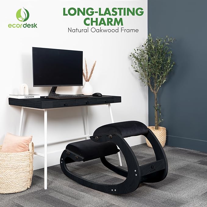 Ergonomic Kneeling Chair, Adjustable Seat - Office Chair for Desk, Posture Corrector, Premium Comfort Cushion, Wooden Rocking Knee Chair (Black Frame)
