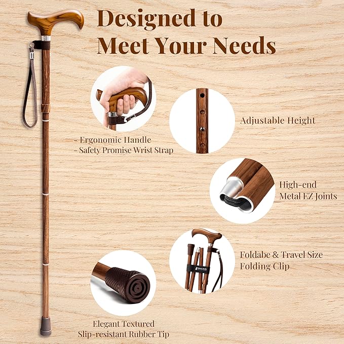 Merry Sticks Lightweight Foldable Walking Canes for Women and Men, Adjustable & Collapsible Walking Stick for Seniors, Balancing Mobility Aids, Ergonomic Handle & Wrist Strap - Rosewood