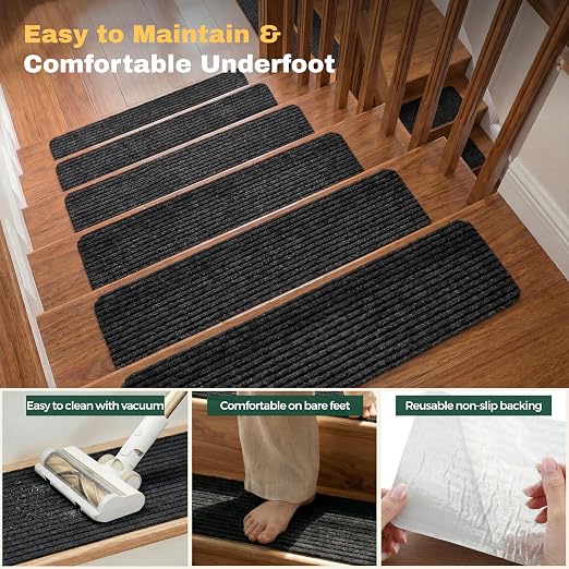 MBIGM 8" x 30" Non Slip Carpet Stair Treads Indoor (4 Pack), Non Skid Stair Rugs for Stairs, Slip Resistant Stair Runner for Kids, Seniors & Pets, Reusable Adhesive, Black