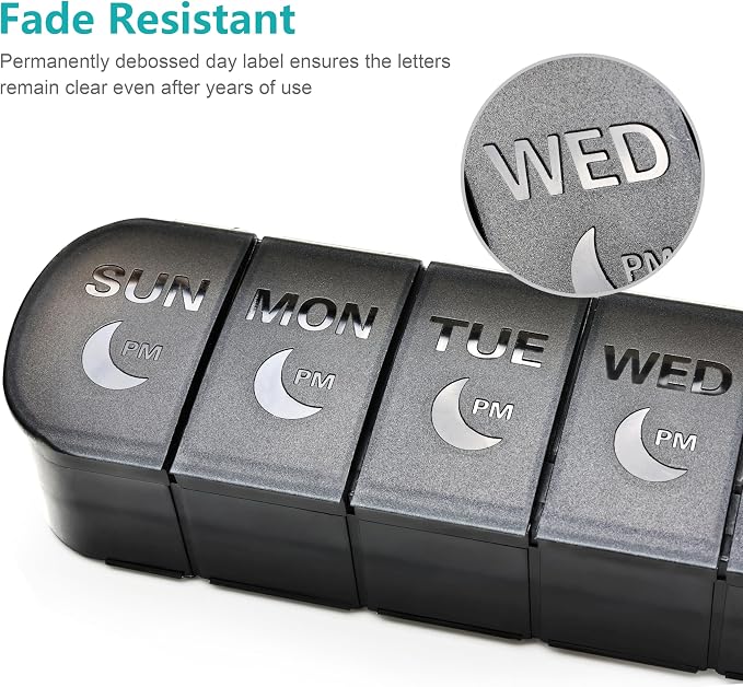 FHORAIN XL AM PM Pill Organizer 2 Times a Day, Fade Resistant Extra Large Weekly Pill Box 7 Day, Double-Sided 14 Compartments for Vitamins, Fish Oil, Supplements & Gummies (Black)