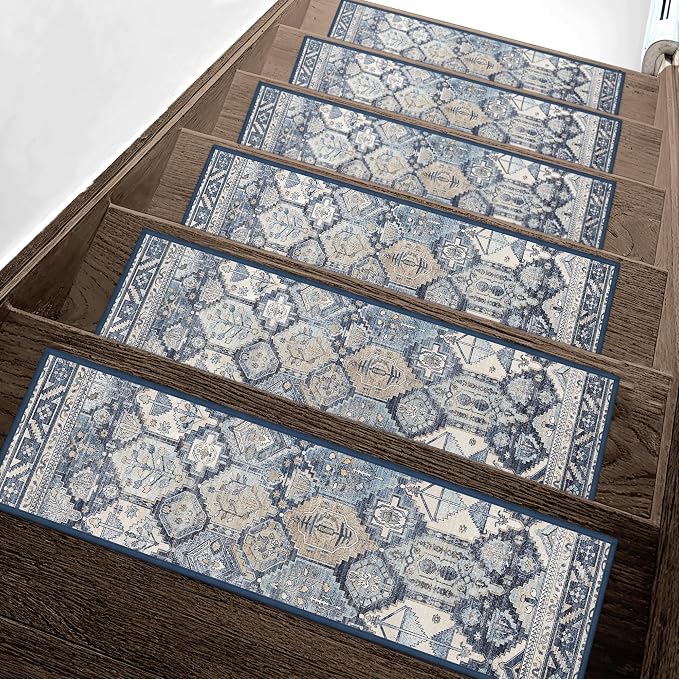 sarben 8"x30" Non Slip Stair Treads for Wooden Steps 15 Pack, Denim Pearl | Peel and Stick Carpet Stair Runner with TPE Adhesive Backing, Carpet for Added Safety, Pet and Senior Friendly