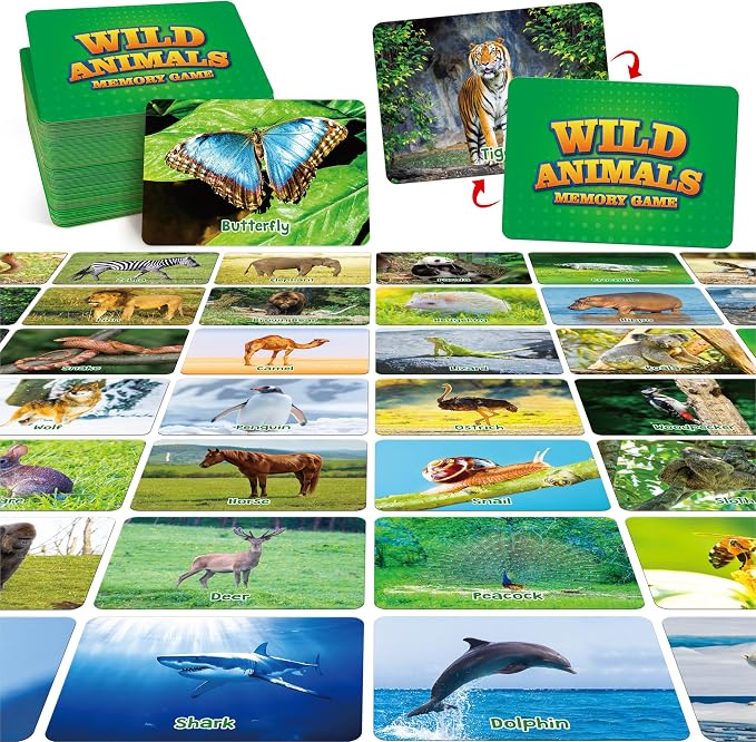 Hebayy Wild Animal Matching Game, 80 PCS Realistic Animal Memory Matching Cards for Toddlers 40 Pairs Real Animal Memory Cards Educational Toys for Preschool Boys & Girls 4 5 6 Years Old